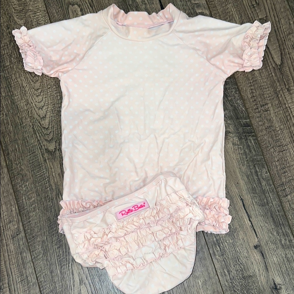 RuffleButts Pink Polka Dot tankini swim set 7 EUC